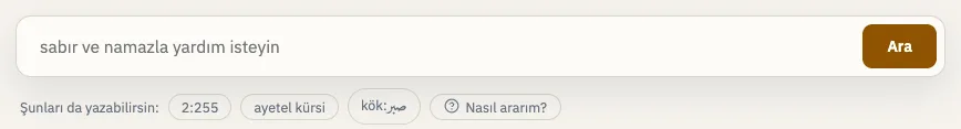 Ayet Atlas arama kutusu, altında örnek sorgu çipleri ve Nasıl ararım düğmesi