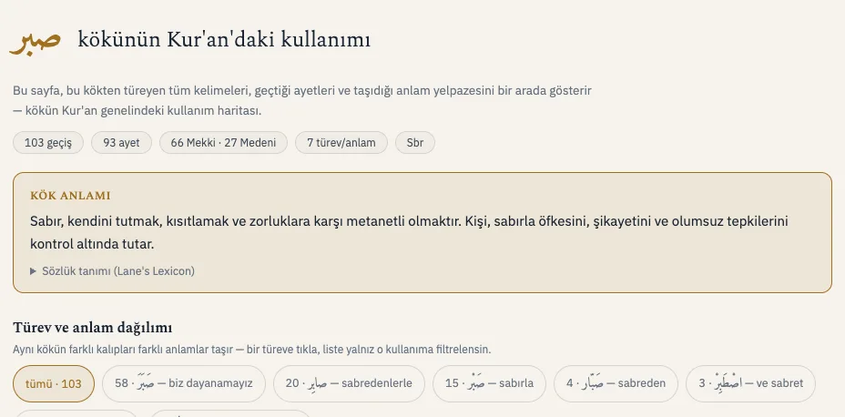 Bir Arapça kökün analiz sayfası: türevleri ve anlam yelpazesi